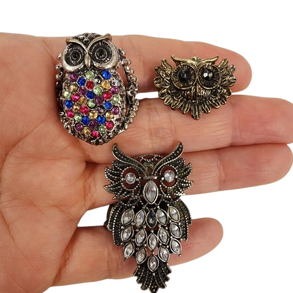 Bundle of 3 Owl Rings Antique Silver And Brass Tone With Rhinestones - Picture 6 of 15